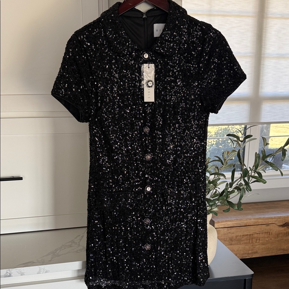 Black Sequin Mini Dress with Button Front - Picture 2 of 6